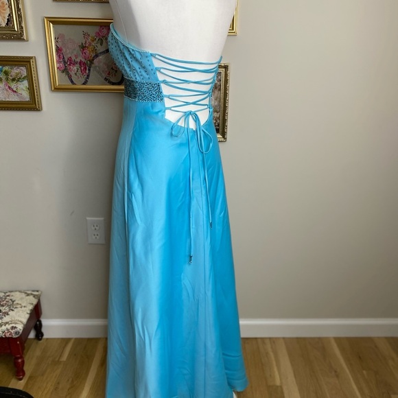 Vintage Y2K Cache Satin Beaded Strapless Long Blue Lace Up Back Dress Size 5/6 - Picture 5 of 12
